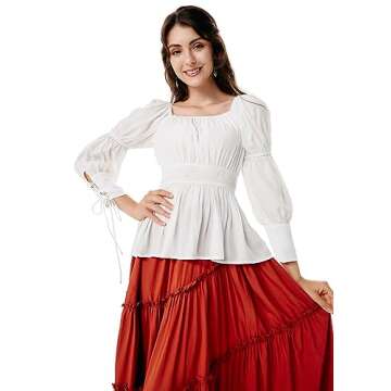 SCARLET DARKNESS Women Peasant Blouse Renaissance Shirt Long Sleeve Peplum Blouse Plus Size White XL