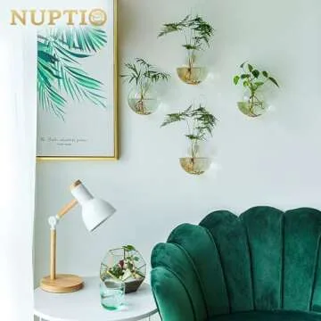 NUPTIO Wall Hanging Planters Terrarium: 4Pcs Clear Glass Wall-Mounted Vases for Indoor Office Garden Living Room - Oblate Plant Pots Hydroponic Containers Propagation Stations for Flowers