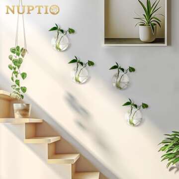 NUPTIO Wall Hanging Planters Terrarium: 4Pcs Clear Glass Wall-Mounted Vases for Indoor Office Garden Living Room - Oblate Plant Pots Hydroponic Containers Propagation Stations for Flowers