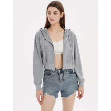Yimoon Zip Up Hoodie Women Cropped Casual Sweatshirts Workout Long Sleeve Drawstring Hooded Jacket Crop Tops (Grey, X-Small)