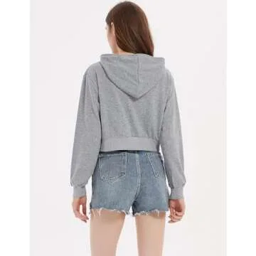 Yimoon Zip Up Hoodie Women Cropped Casual Sweatshirts Workout Long Sleeve Drawstring Hooded Jacket Crop Tops (Grey, X-Small)