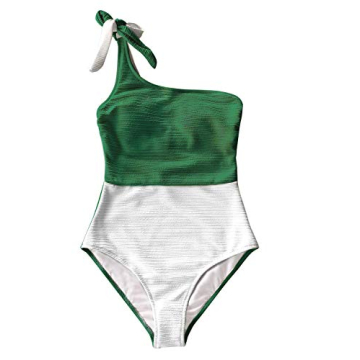 CUPSHE Women's One Piece Swimsuit One Shoulder Tie Strap Color Block Asymmetric Bathing Suits Green XL