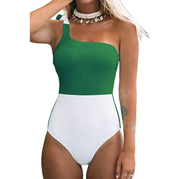 CUPSHE Women's One Piece Swimsuit One Shoulder Tie Strap Color Block Asymmetric Bathing Suits Green XL