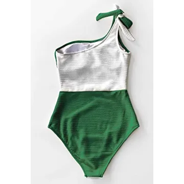 CUPSHE Women's One Piece Swimsuit One Shoulder Tie Strap Color Block Asymmetric Bathing Suits Green XL