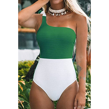 CUPSHE Women's One Piece Swimsuit One Shoulder Tie Strap Color Block Asymmetric Bathing Suits Green XL