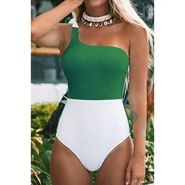 CUPSHE Women's One Piece Swimsuit One Shoulder Tie Strap Color Block Asymmetric Bathing Suits Green XL