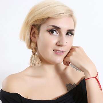 Boderier Bohemian Statement Thread Tassel Chandelier Drop Earrings with Cassandra Button Stud (Brown...