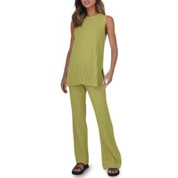 Tankaneo Two Pieces Outfits Sleeveless Top Knit Sets Trendy Lounge Long Pajamas Set Olive Green