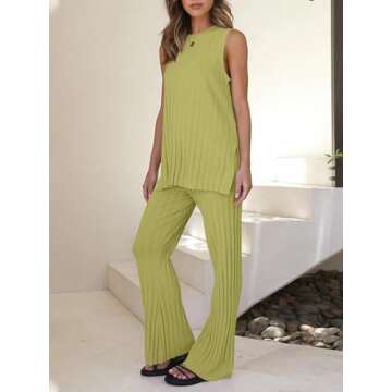 Tankaneo Two Pieces Outfits Sleeveless Top Knit Sets Trendy Lounge Long Pajamas Set Olive Green