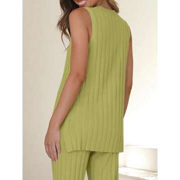 Tankaneo Two Pieces Outfits Sleeveless Top Knit Sets Trendy Lounge Long Pajamas Set Olive Green