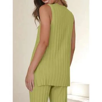 Tankaneo Two Pieces Outfits Sleeveless Top Knit Sets Trendy Lounge Long Pajamas Set Olive Green
