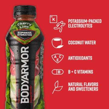 BODYARMOR Sports Drink Sports Beverage, Cherry Lime, Natural Flavors With Vitamins, Potassium-Packed Electrolytes, No Preservatives, Perfect For Athletes, 16 Fl Oz (Pack of 12)