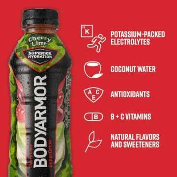 BODYARMOR Sports Drink Sports Beverage, Cherry Lime, Natural Flavors With Vitamins, Potassium-Packed Electrolytes, No Preservatives, Perfect For Athletes, 16 Fl Oz (Pack of 12)