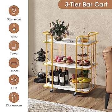 Giantex Gold Bar Cart, Home Island Service Cart, 3 Tier Storage Shelves with Guardrail, Imitation Marble Top, Kitchen Utility Trolley on Wheel Lockable for Dining Room Wine Coffee Bar White (1)