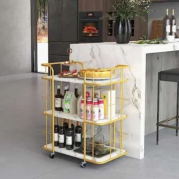 Giantex Gold Bar Cart, Home Island Service Cart, 3 Tier Storage Shelves with Guardrail, Imitation Marble Top, Kitchen Utility Trolley on Wheel Lockable for Dining Room Wine Coffee Bar White (1)