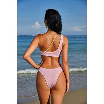 ZAFUL Women's Textured One Shoulder Two Tone Cheeky Two Piece Bikini Set Swimwear (B-MultiA, M)