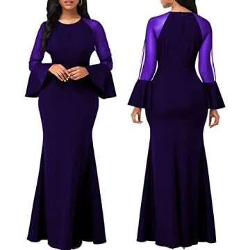 HugeNice Colorful Maxi Dresses for Women Sexy Long Sleeve Deep V Neck Bodycon Floor Length Dress