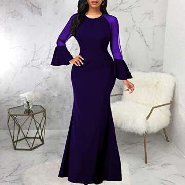 HugeNice Colorful Maxi Dresses for Women Sexy Long Sleeve Deep V Neck Bodycon Floor Length Dress