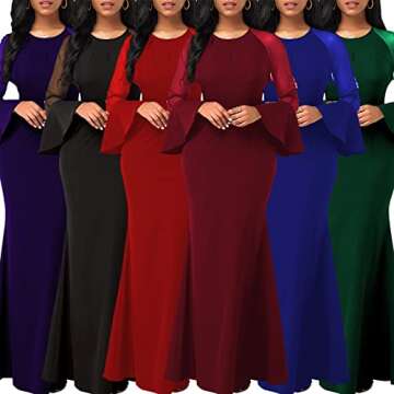 HugeNice Colorful Maxi Dresses for Women Sexy Long Sleeve Deep V Neck Bodycon Floor Length Dress