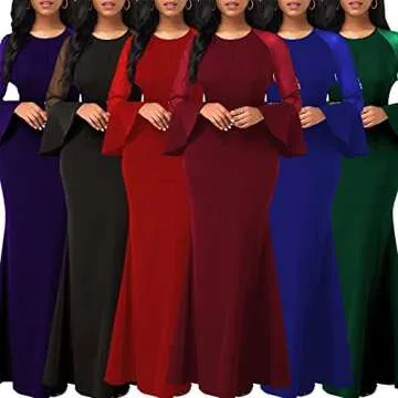 HugeNice Colorful Maxi Dresses for Women Sexy Long Sleeve Deep V Neck Bodycon Floor Length Dress