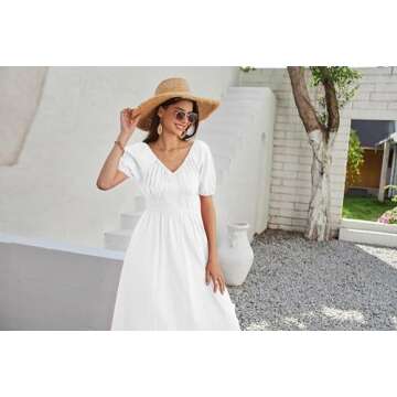 2024 Women's Summer V Neck Short Puff Sleeve Flowy Smocked A Line Maxi White Cotton Dresses S