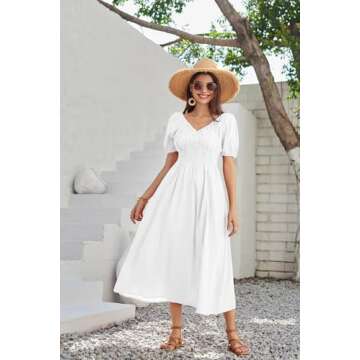 2024 Women's Summer V Neck Short Puff Sleeve Flowy Smocked A Line Maxi White Cotton Dresses S