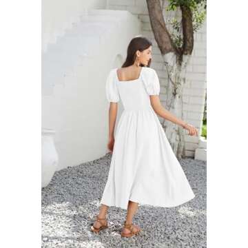 2024 Women's Summer V Neck Short Puff Sleeve Flowy Smocked A Line Maxi White Cotton Dresses S