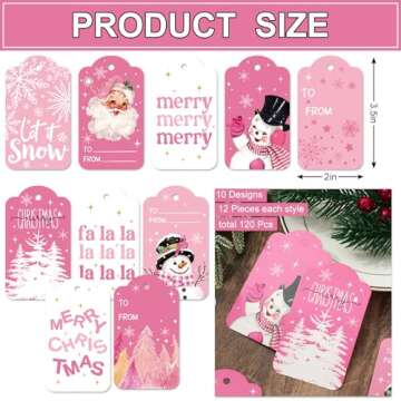 Whaline 120Pcs Christmas Paper Gift Tags Pink Santa Snowman Xmas Hanging Labels with Cotton Rope for...