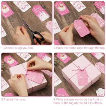 Whaline 120Pcs Christmas Paper Gift Tags Pink Santa Snowman Xmas Hanging Labels with Cotton Rope for Winter Holiday Name Present DIY Crafts, 10 Designs