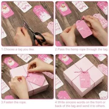 Whaline 120Pcs Christmas Paper Gift Tags Pink Santa Snowman Xmas Hanging Labels with Cotton Rope for Winter Holiday Name Present DIY Crafts, 10 Designs