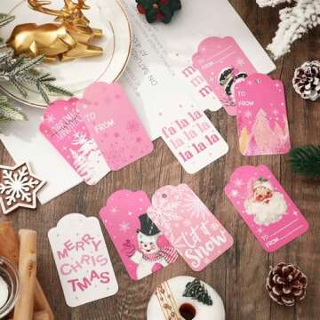 Whaline 120Pcs Christmas Paper Gift Tags Pink Santa Snowman Xmas Hanging Labels with Cotton Rope for Winter Holiday Name Present DIY Crafts, 10 Designs
