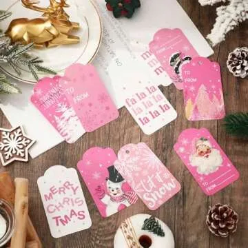Whaline 120Pcs Christmas Paper Gift Tags Pink Santa Snowman Xmas Hanging Labels with Cotton Rope for Winter Holiday Name Present DIY Crafts, 10 Designs