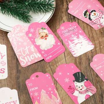 Whaline 120Pcs Christmas Paper Gift Tags Pink Santa Snowman Xmas Hanging Labels with Cotton Rope for Winter Holiday Name Present DIY Crafts, 10 Designs