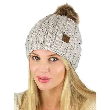 C.C Thick Cable Knit Faux Fuzzy Fur Pom Fleece Lined Skull Cap Cuff Beanie, Confetti Oatmeal