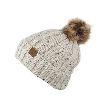 C.C Thick Cable Knit Faux Fuzzy Fur Pom Fleece Lined Skull Cap Cuff Beanie, Confetti Oatmeal