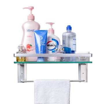 Vdomus Glass Bathroom Shelf with Hand Towel Bar, Rectangular Wall Mounted Bathroom Shelf Storage Extra Thick Tempered Glass, 15.2x4.5 inches with Brushed Silver Finish