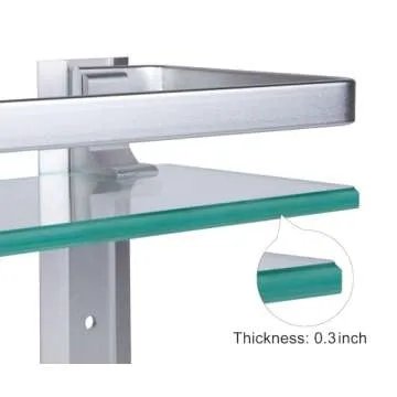 Vdomus Glass Bathroom Shelf with Hand Towel Bar, Rectangular Wall Mounted Bathroom Shelf Storage Extra Thick Tempered Glass, 15.2x4.5 inches with Brushed Silver Finish