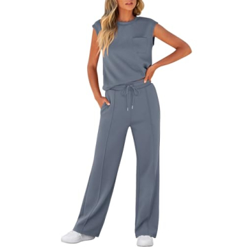 ANRABESS Women's Summer 2 Piece Outfits Casual Sleeveless Sweatsuits Matching Wide Leg Tracksuits Lo...