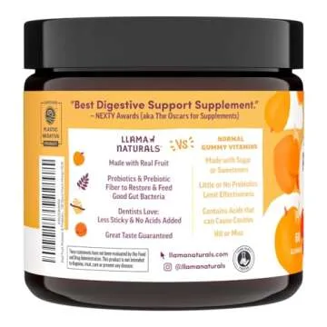 Llama Naturals Real Fruit Prebiotic & Probiotic Gummies for Adults, No Added Sugar Cane, Vegan Organic Synbiotics, Digestive Support, Women & Men Gut Health, 5B CFU, 60 ct (30 Days) Peach Mango