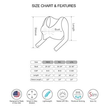 Kurve Womens Ruching Crop Long Sleeve Top, UV Protective UPF 50+ Made in USA