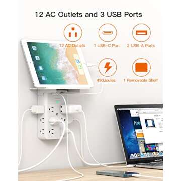 12-Plug Wall Outlet Extender with Shelf, Power Strips, Surge Protector 12 AC Outlets Multi Plug , 3 USB Ports (1 USB C Port) Expander for Home, Office, School