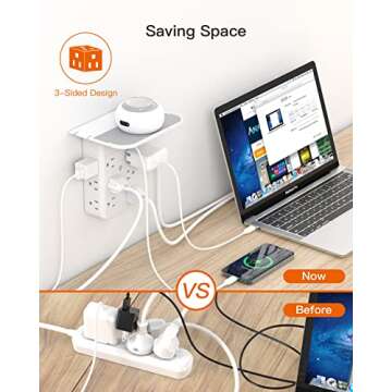 12-Plug Wall Outlet Extender with Shelf, Power Strips, Surge Protector 12 AC Outlets Multi Plug , 3 USB Ports (1 USB C Port) Expander for Home, Office, School