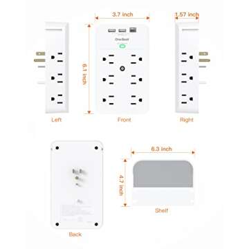 12-Plug Wall Outlet Extender with Shelf, Power Strips, Surge Protector 12 AC Outlets Multi Plug , 3 USB Ports (1 USB C Port) Expander for Home, Office, School