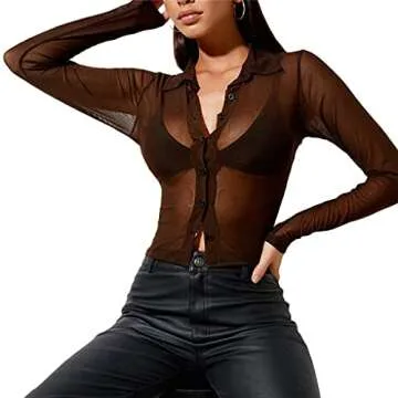 Wrrkayly Floral Print Cardigan for Women Y2k Long Sleeve Mesh Cardigan E-Girl Crop Top T-Shirt Blouse Vintage Harajuku Streetwear (Brown, Small)