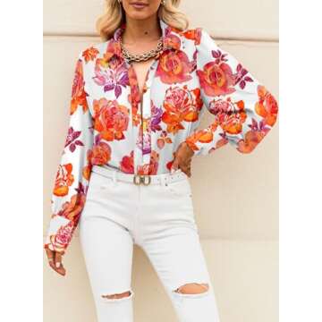 EVALESS Womens Tops Long Sleeve Shirt Cute Print Blouses for Women Fashion 2025 Red Button Down Shirt for Women Dressy Casual Boho Clothes Outfits for Holiday Sexy V Neck Tops for Spring Fall,Small