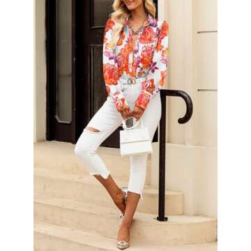 EVALESS Womens Tops Long Sleeve Shirt Cute Print Blouses for Women Fashion 2025 Red Button Down Shirt for Women Dressy Casual Boho Clothes Outfits for Holiday Sexy V Neck Tops for Spring Fall,Small