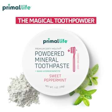 Primal Life Organics - Dirty Mouth Toothpowder, Tooth Cleaning Powder, Flavored Essential Oils with Natural Kaolin & Bentonite Clay, Good for 200+ Brushings, Organic, Vegan (Sweet Peppermint, 1 oz)