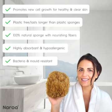 Naroa Exfoliating Natural Sponge for Shower X Large | Bath Sea Loofah for Healthy Skin | Unbleached Bathing Body Scrubber Puff | Eco Friendly Plastic Free