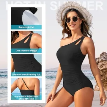 Century Star One Piece Swimsuit Women 2024 One Shoulder Swimsuits for Women Swimsuits for Teen Girls Tummy Control Modest Full Coverage Bathing Suit for Women Swimwear Green X-Large