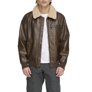Levi's Men's Faux Leather Aviator Bomber Jacket with Removable Sherpa Collar in Vintage Brown
